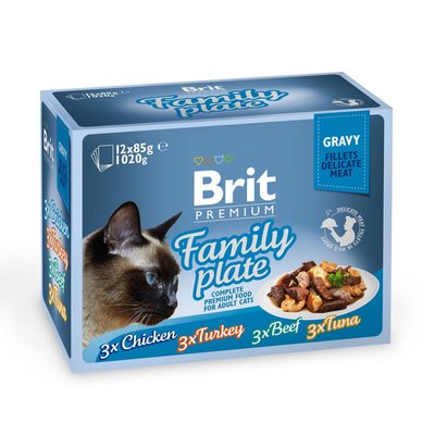 Brit Premium Cat Family Plate Gravy pouches - Вологий корм для кішок 1020 г (асорті з 4 смаків «Сімейна тарілка» в соусі)