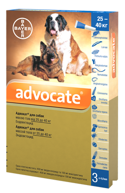 Bayer ADVOCATE (Адвокат) капли на холку от блох, клещей, гельминтов для собак от 25 кг, пипетка