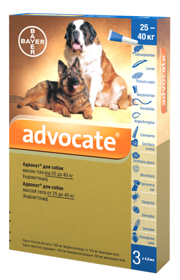 Bayer ADVOCATE (Адвокат) капли на холку от блох, клещей, гельминтов для собак от 25 кг, упаковка