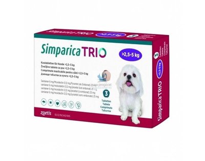 Simparica TRIO (Сімпаріка ТРІО) таблетки від бліх, кліщів та гельмінтів для собак від 2,5 до 5 кг, упаковка (3 шт)