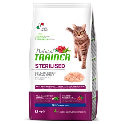 Trainer Cat Natural Sterilised with fresh White Meats Трейнер сухий корм для дорослих стерилізованих кішок від 1 року, з білим м'ясом, 1.5 кг