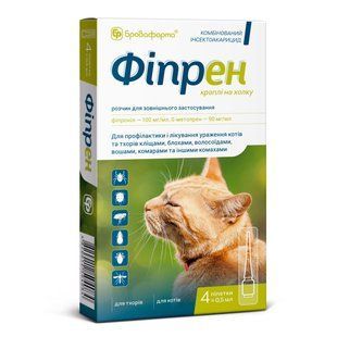 Фипрен капли на холку от блох и клещей для кошек, пипетки 4 шт - Бровафарма