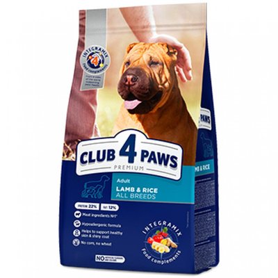 Сухой корм Клуб 4 Лапы Adult All Breeds Premium для взрослых собак всех пород, с ягненком и рисом, 14 кг