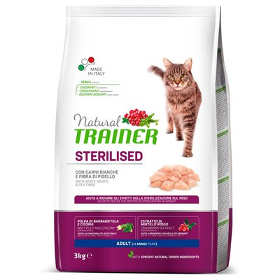 Trainer Cat Natural Sterilised with fresh White Meats Трейнер сухий корм для дорослих стерилізованих кішок від 1 року, з білим м'ясом, 3 кг