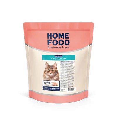 Home Food Полнорационный сухой корм для взрослых кастрированных котов и стерилизованных кошек с кроликом и клюквой 200 г