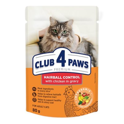 Влажный корм Клуб 4 Лапы Adult Cat Premium для взрослых кошек с эффектом выведения шерсти, с курицей в соусе, 80 г