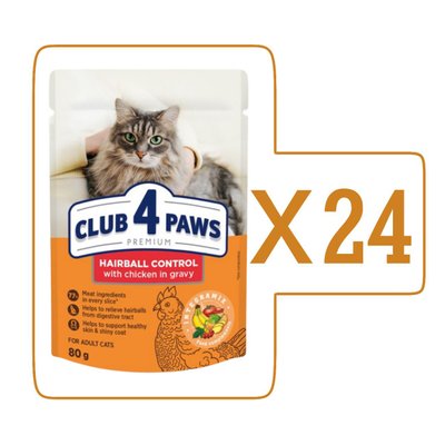 Влажный корм Клуб 4 Лапы Adult Cat Premium для взрослых кошек с эффектом выведения шерсти, с курицей в соусе, 80 г (24шт)
