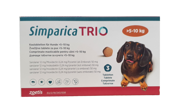 Simparica TRIO (Сімпаріка ТРІО) таблетки від бліх, кліщів та гельмінтів для собак від 5 до 10 кг, упаковка (3 шт)