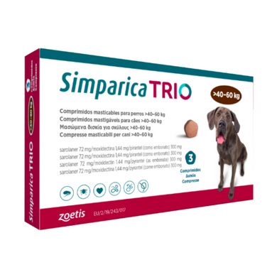 Simparica TRIO (Сімпаріка ТРІО) таблетки від бліх, кліщів та гельмінтів для собак від 40 до 60 кг, упаковка (3 шт)