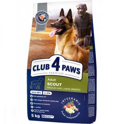 Сухой корм Клуб 4 Лапы Adult Scout Premium для взрослых рабочих собак средних и крупных пород, 5 кг