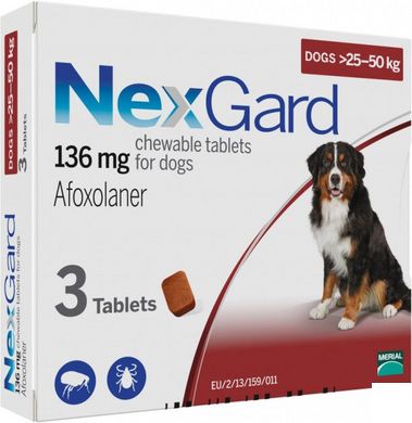 NexGard (Нексгард) таблетки от блох и клещей для собак 25-50 кг, упаковка (3 шт)