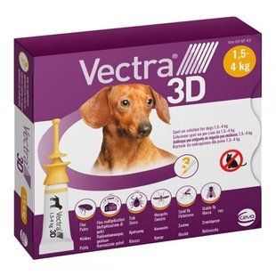 Vectra 3D (Вектра 3Д) краплі від бліх і кліщів для собак і цуценят вагою 1,5-4 кг, упаковка