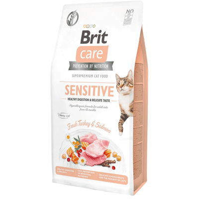 Brit Care Cat GF Sensitive HDigestion & Delicate Taste корм для привередливых кошек 7кг (индейка и лосось)